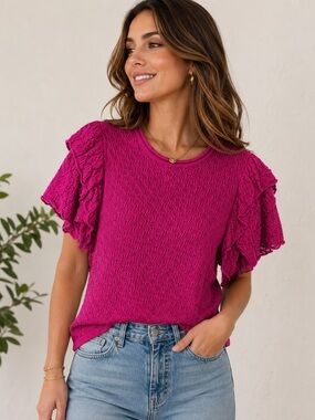 Mod Boutique Fuchsia Ruffle Sleeve Openwork Knit Blouse